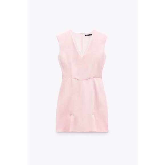 NWT Zara Pink Satin Effect Sleeveless V-Neck Short Mini Dress, Size Medium - Picture 2 of 15